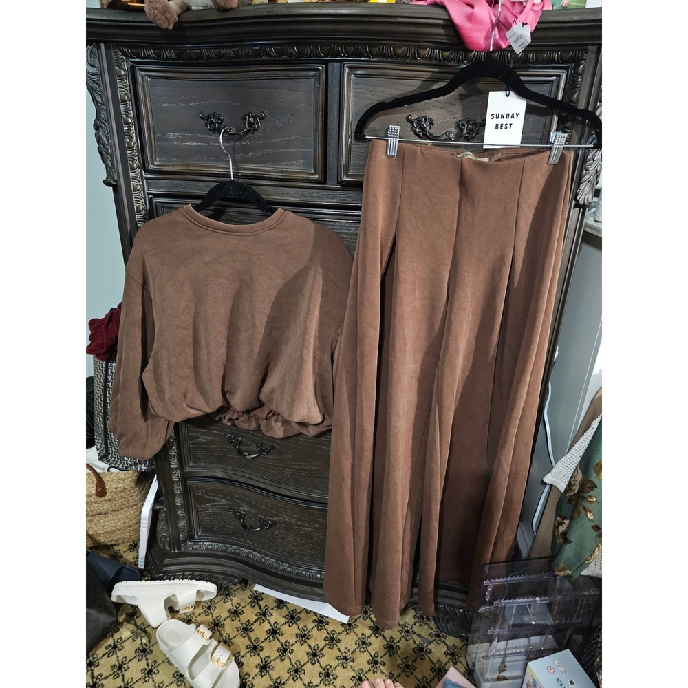 General Mood Brown 2 Piece Set Cropped Sweatshirt Wide Leg Pants Small‎ ST 6807
